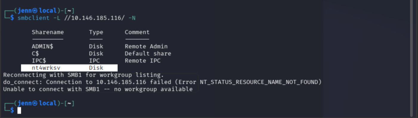 smbclient listing shares anonymously, revealing a custom nt4wrksv share